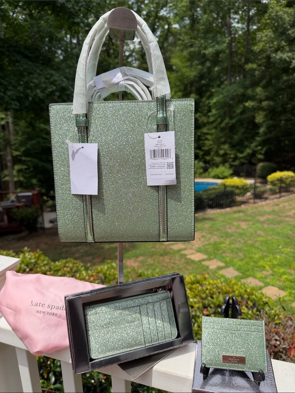 Kate Spade NWT Mini Tote Green Gold Glitter Bag, Wallet, Card Case Retail$580 - Picture 14 of 17